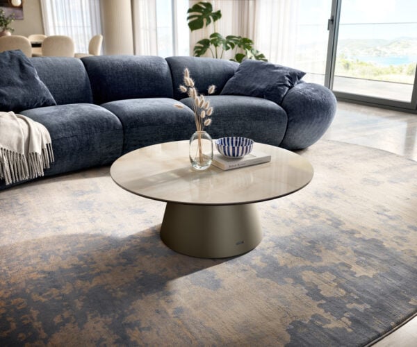 Konferenčný stolík Edge okrúhly 90×90 cm keramika onyx šampanské Borna titánové efektové prevedenie