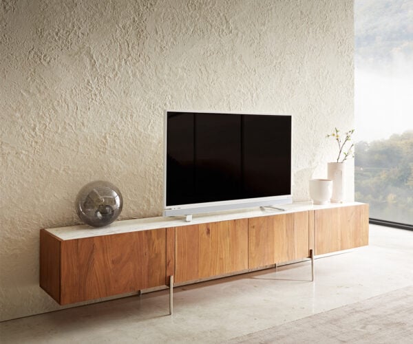 TV stolík Secara 220 cm akácia prírodná 4 dvierka mramorové nohy nerezová oceľ