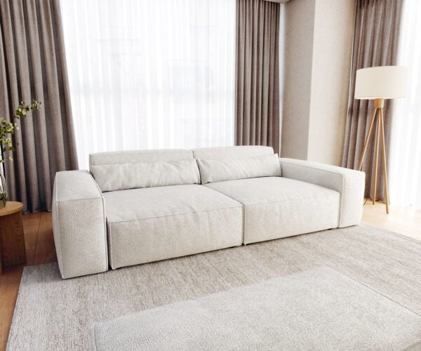 Veľká pohovka Sirpio XL 270×130 cm bouclé bielo-krémová s taburetom