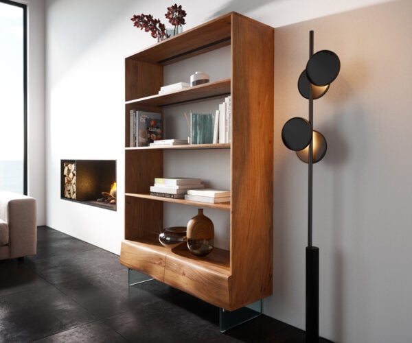 Policový systém New Live-Edge 115x150 cm akácia prírodná 2 zásuvky sklenená podstava závesný
