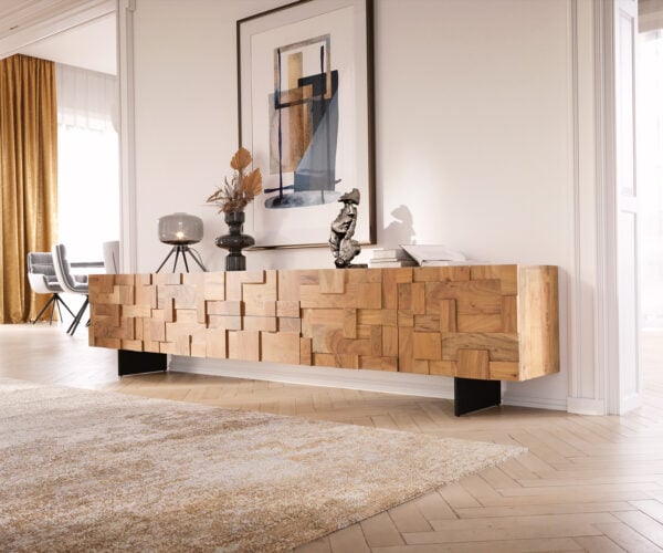 TV stolík Puzzle 260 cm 4 dvierka 2 zásuvkové priehradky akácia prírodná závesná podstava kov čierna