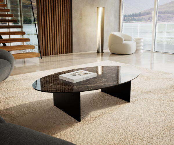 Konferenčný stolík Edge oválny 140×80 cm keramika Emperador Extra Lucidato tmavohnedá Salto kov čierna