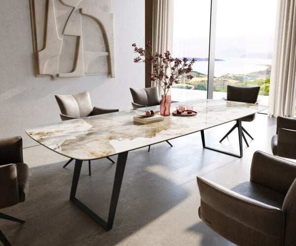 Jedálenský stôl Edge zaoblený tvar 300×120 cm keramika Minas Melange bielo-béžová kovová šikmá čierna