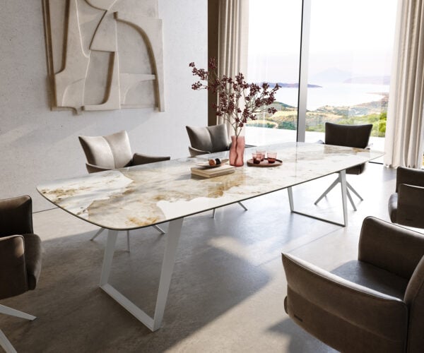 Jedálenský stôl Edge zaoblený tvar 300×120 cm keramika Minas Melange bielo-béžová kov šikmý biely