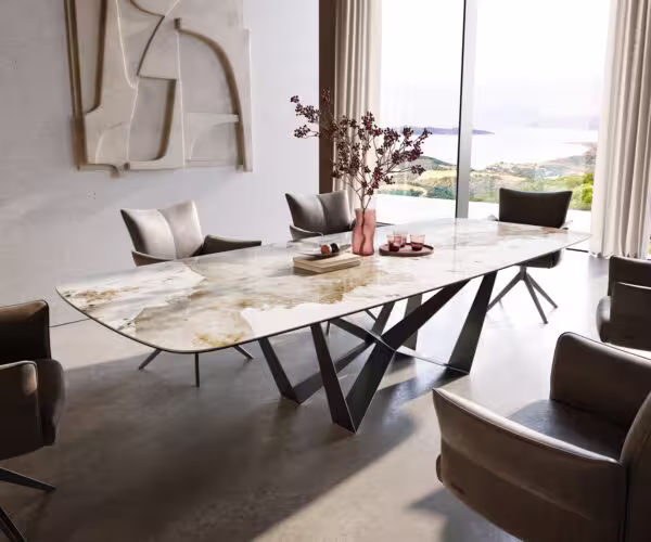 Jedálenský stôl Edge zaoblený tvar 300×120 cm keramika Minas Melange bielo-béžová Spider plochá oceľ nerezová oceľ grafitová