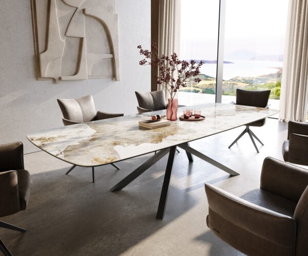 Jedálenský stôl Edge zaoblený tvar 300×120 cm keramika Minas Melange bielo-béžová krížová podstava pravouhlý nerezová oceľ grafitová