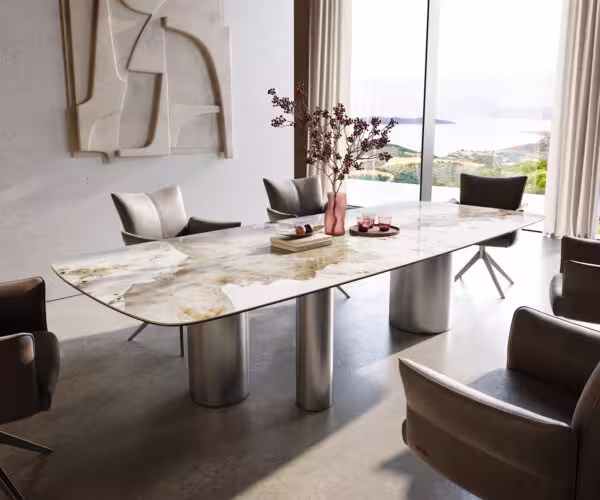 Jedálenský stôl Edge zaoblený tvar 300×120 cm keramika Minas Melange bielo-béžová Troa nerezová oceľ kefovaná