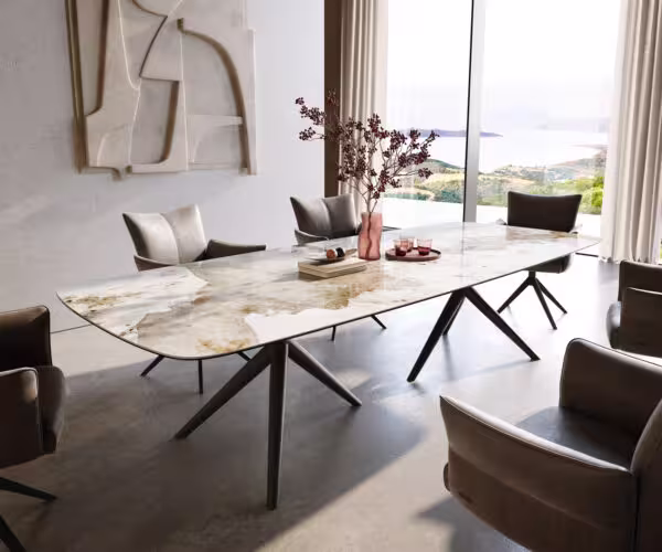 Jedálenský stôl Edge zaoblený 300×120 cm keramika Minas Melange bielo-béžová Estelar okrúhly kov čierna
