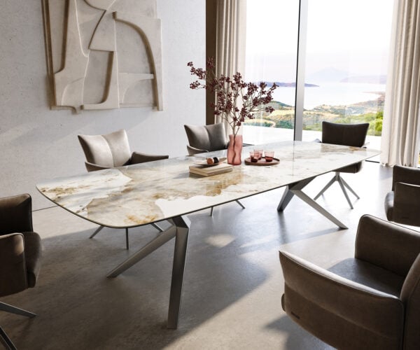Jedálenský stôl Edge zaoblený tvar 300×120 cm keramika Minas Melange bielo-béžová Zenthara hranatý nerezová oceľ