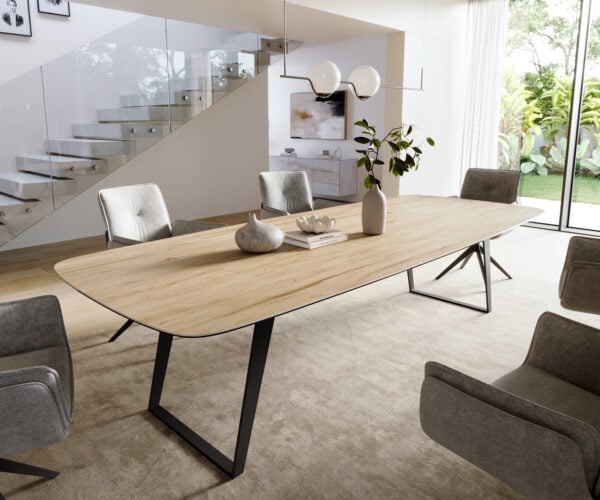 Jedálenský stôl Edge zaoblený 300×120 cm keramika Laminam® sabbia v dubovej farbe kovová šikmá čierna