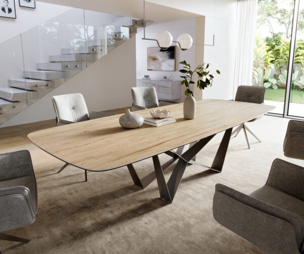 Jedálenský stôl Edge zaoblený 300×120 cm keramika Laminam® Sabbia dubová farba pavúk plochá oceľ nerezová oceľ grafitová