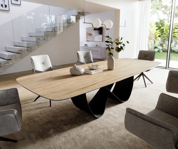 Jedálenský stôl Edge zaoblený 300×120 cm keramika Laminam® sabbia v dubovej farbe Infinity kov čierna