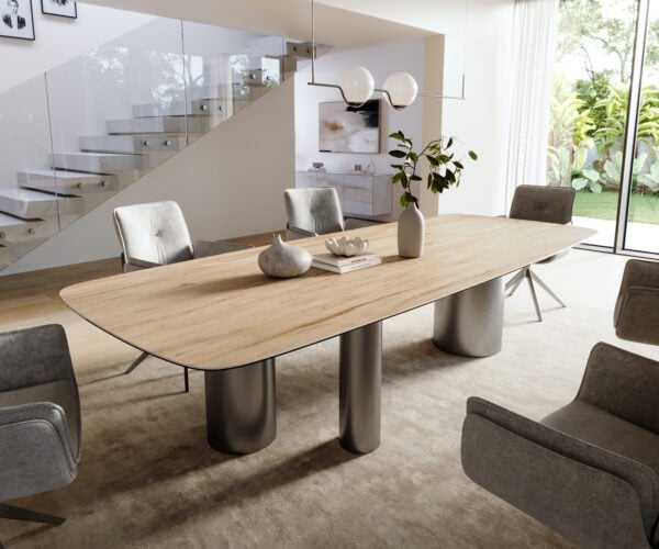 Jedálenský stôl Edge zaoblený 300×120 cm keramika Laminam® Sabbia dubová farba Troa nerezová oceľ grafitová