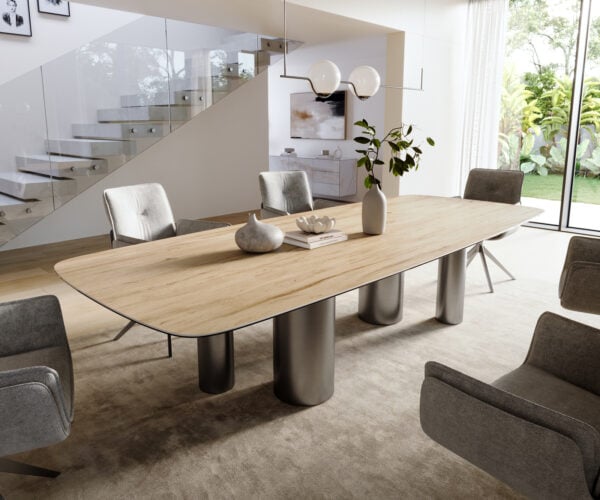 Jedálenský stôl Edge zaoblený 300×120 cm keramika Laminam® Sabbia dubová farba podstava nerezová oceľ grafitová