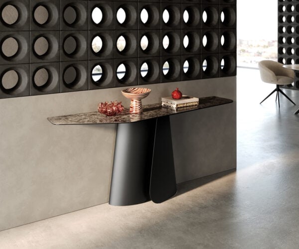 Konzolový stolík Edge polygonálny 180×50 cm keramika Emperador extra leštená tmavohnedá Livos kov čierna