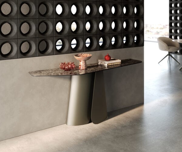 Konzolový stolík Edge polygonálny 180×50 cm keramika emperador extra leštená tmavohnedá Livos kov titánová farba