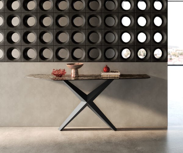 Konzolový stolík Edge polygonálny 180×50 cm keramika Emperador Extra Lucidato tmavohnedá Zentharo kov čierna