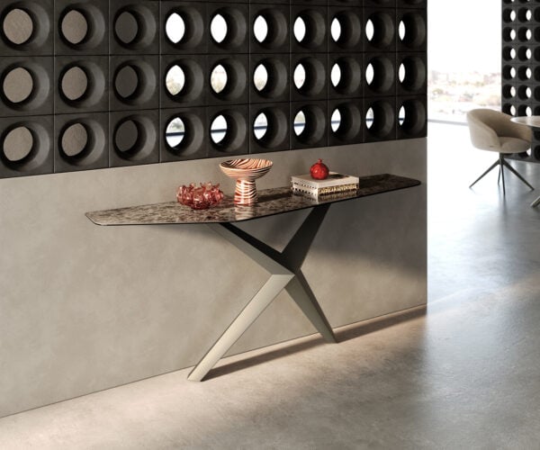 Konzolový stolík Edge polygonálny 180×50 cm keramika emperador extra leštená tmavohnedá Zentharo kov titánová farba