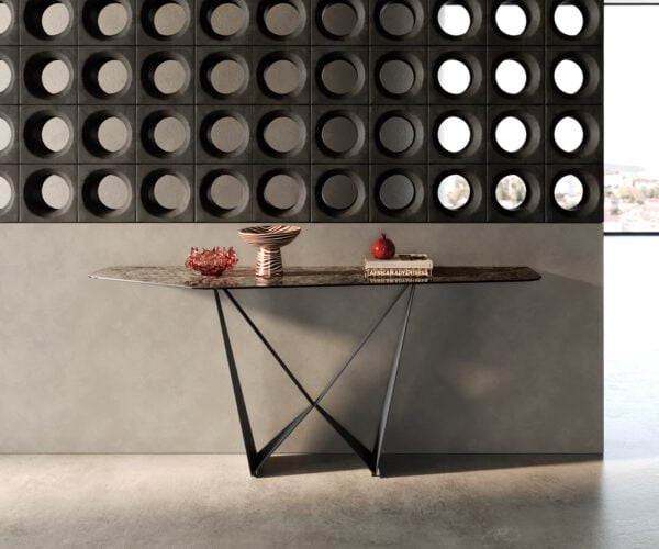 Konzolový stolík Edge polygonálny 180×50 cm keramika Emperador Extra Lucidato tmavohnedá Spios kov čierna