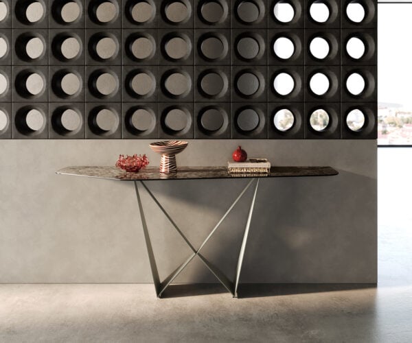 Konzolový stolík Edge polygonálny 180×50 cm keramika Emperador Extra Lucidato tmavohnedá Spios kov titánová farba
