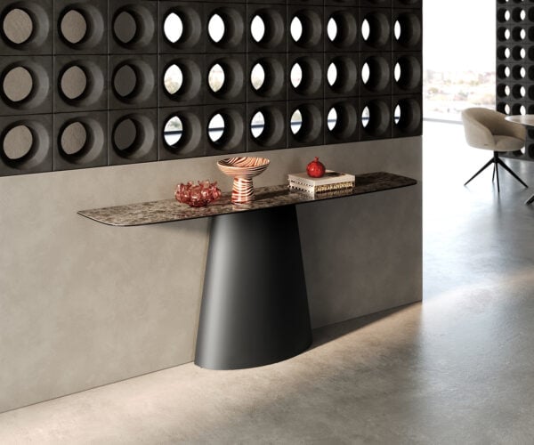 Konzolový stolík Edge zaoblený tvar 180×40 cm keramika Emperador Extra Lucidato tmavohnedá kužeľová kov čierna
