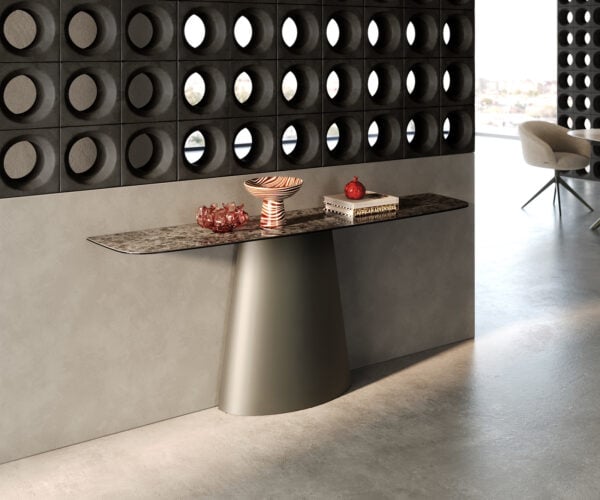 Konzolový stolík Edge zaoblený tvar 180×40 cm keramika Emperador Extra Lucidato tmavohnedá kužeľová kovová podstava titánová farba