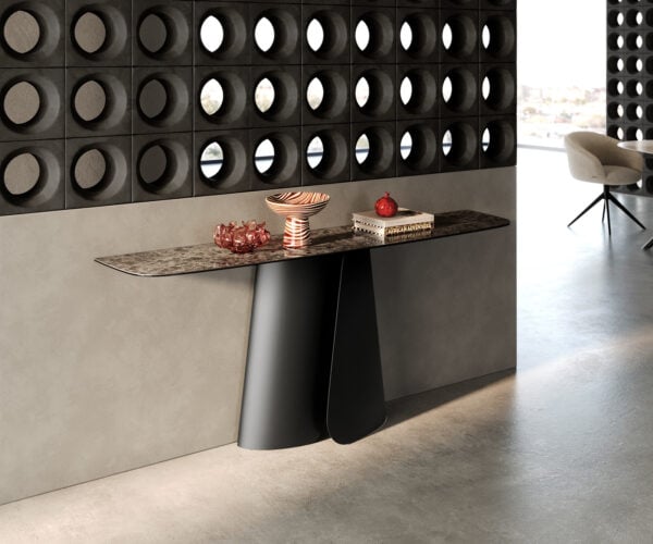 Konzolový stolík Edge zaoblený 180×40 cm keramika Emperador Extra Lucidato tmavohnedá Livos kov čierna