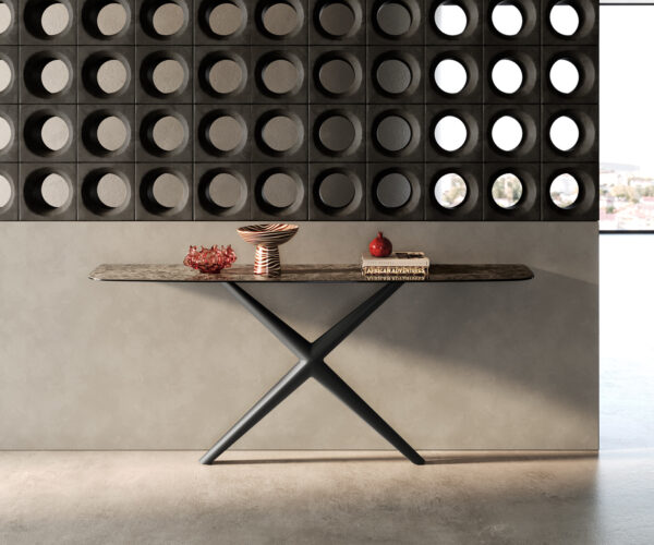 Konzolový stolík Edge zaoblený 180×40 cm keramika Emperador Extra Lucidato tmavohnedá Estelo kov čierna