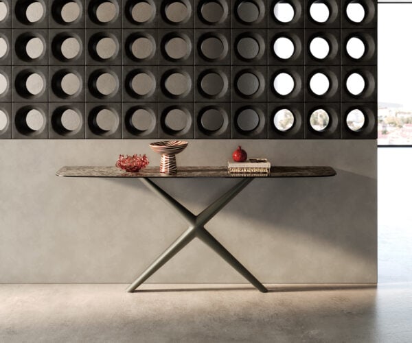Konzolový stolík Edge zaoblený 180×40 cm keramika Emperador Extra Lucidato tmavohnedá Estelo kov titánová farba