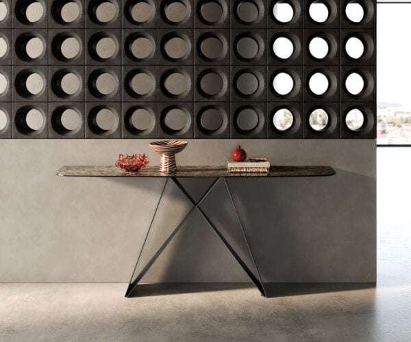 Konzolový stolík Edge zaoblený 180×40 cm keramika Emperador Extra Lucidato tmavohnedá Velio kov čierna