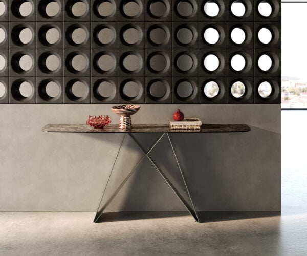 Konzolový stolík Edge zaoblený 180×40 cm keramika Emperador Extra Lucidato tmavohnedá Velio kov titánová farba