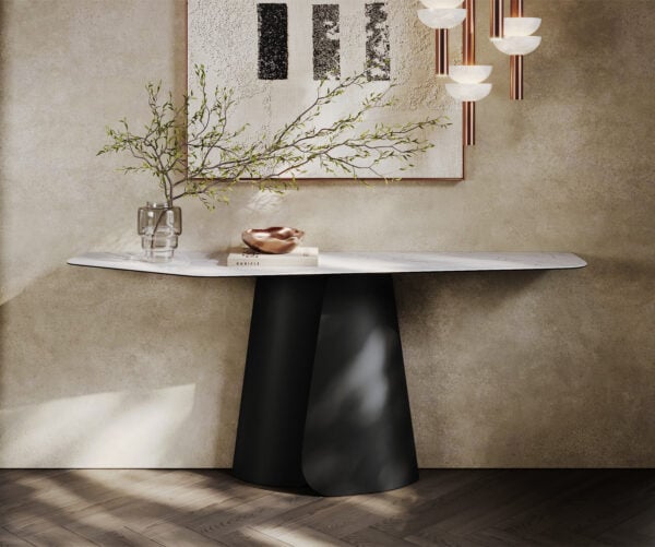 Konzolový stolík Edge polygonálny 180×50 cm keramika Laminam® Statuarietto biela Livos kov čierna