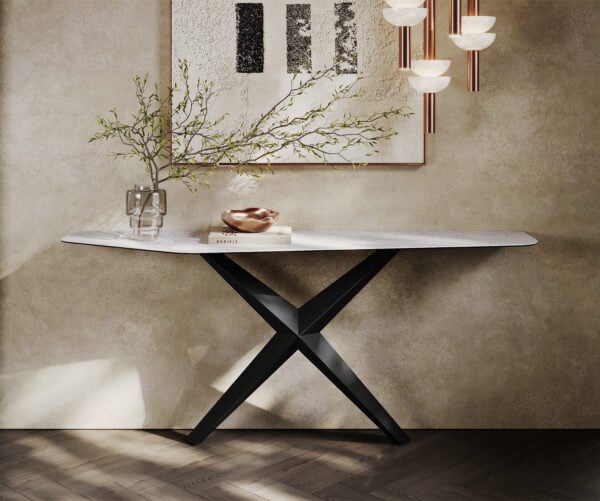 Konzolový stolík Edge polygonálny 180×50 cm keramika Laminam® Statuarietto biela Zentharo kov čierna