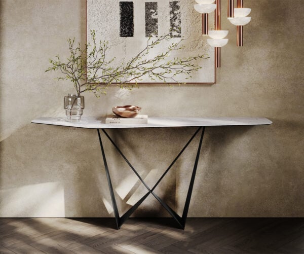 Konzolový stolík Edge polygonálny 180×50 cm keramika Laminam® Statuarietto biela Spios kov čierna