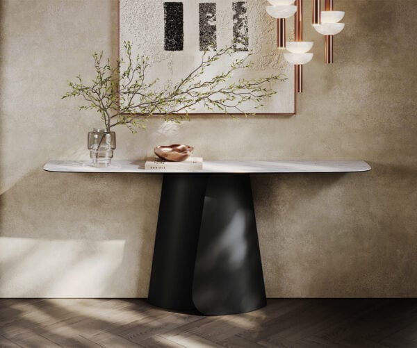 Konzolový stolík Edge zaoblený 180×40 cm keramika Laminam® Statuarietto biela Livos kov čierna