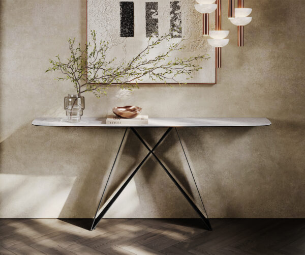 Konzolový stolík Edge zaoblený 180×40 cm keramika Laminam® Statuarietto biela Velio kov čierna