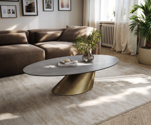 Konferenčný stolík Edge oválny 140×80 cm keramika betónová sivá Conis metalická zlatá