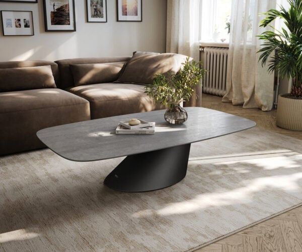 Konferenčný stolík Edge zaoblený 140×80 cm keramika betón sivá Conis kov čierna