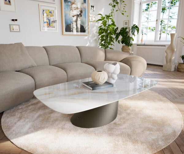 Konferenčný stolík Edge zaoblený tvar 140×80 cm keramika Onyx Pearl Conis kov titánová farba efekt