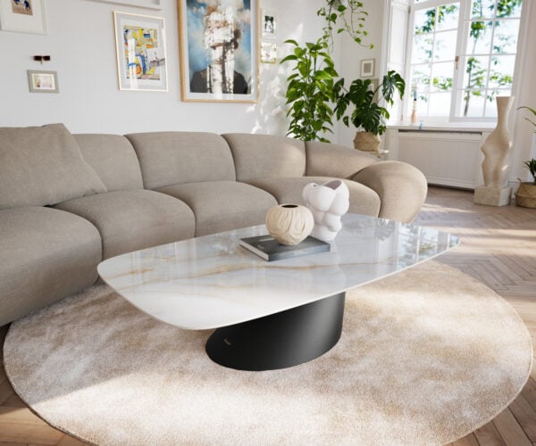 Konferenčný stolík Edge zaoblený tvar 140×80 cm keramika onyx perla salto kov čierna