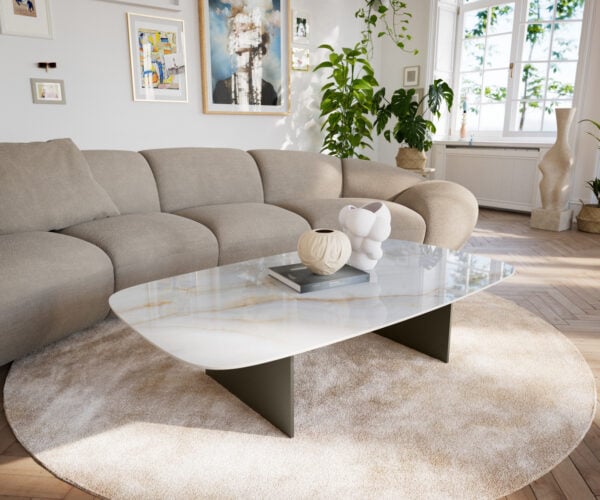 Konferenčný stolík Edge zaoblený 140×80 cm keramika Onyx Pearl Salto kov titánová farba efekt