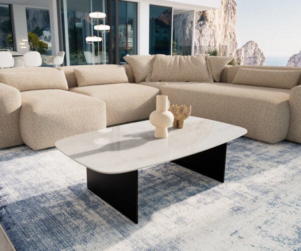 Konferenčný stolík Edge zaoblený 120×70 cm keramika onyx šampanské salto kov čierna