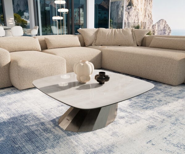 Konferenčný stolík Edge zaoblený tvar 90×90 cm keramika onyx šampanské Parabi nerezová oceľ kefovaná