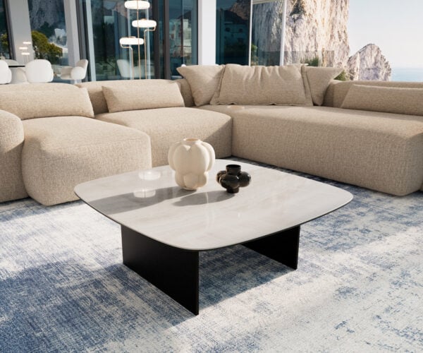 Konferenčný stolík Edge zaoblený 90×90 cm keramika onyx šampanské salto kov čierna