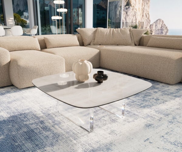 Konferenčný stolík Edge zaoblený 90×90 cm keramika onyx champagne Lumia akryl
