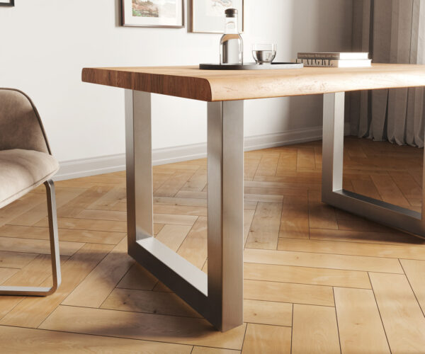 Jedálenský stôl Edge 140x90 XL akácia prírodná nerezová oceľ široký Live-Edge - Image 5