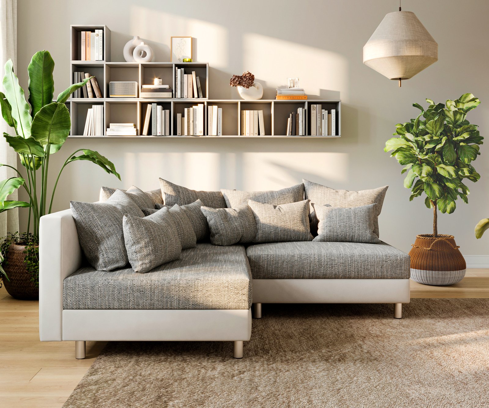 Rohová pohovka Clovis biela svetlosivá ležadlo ľavá modulárna pohovka - Image 2