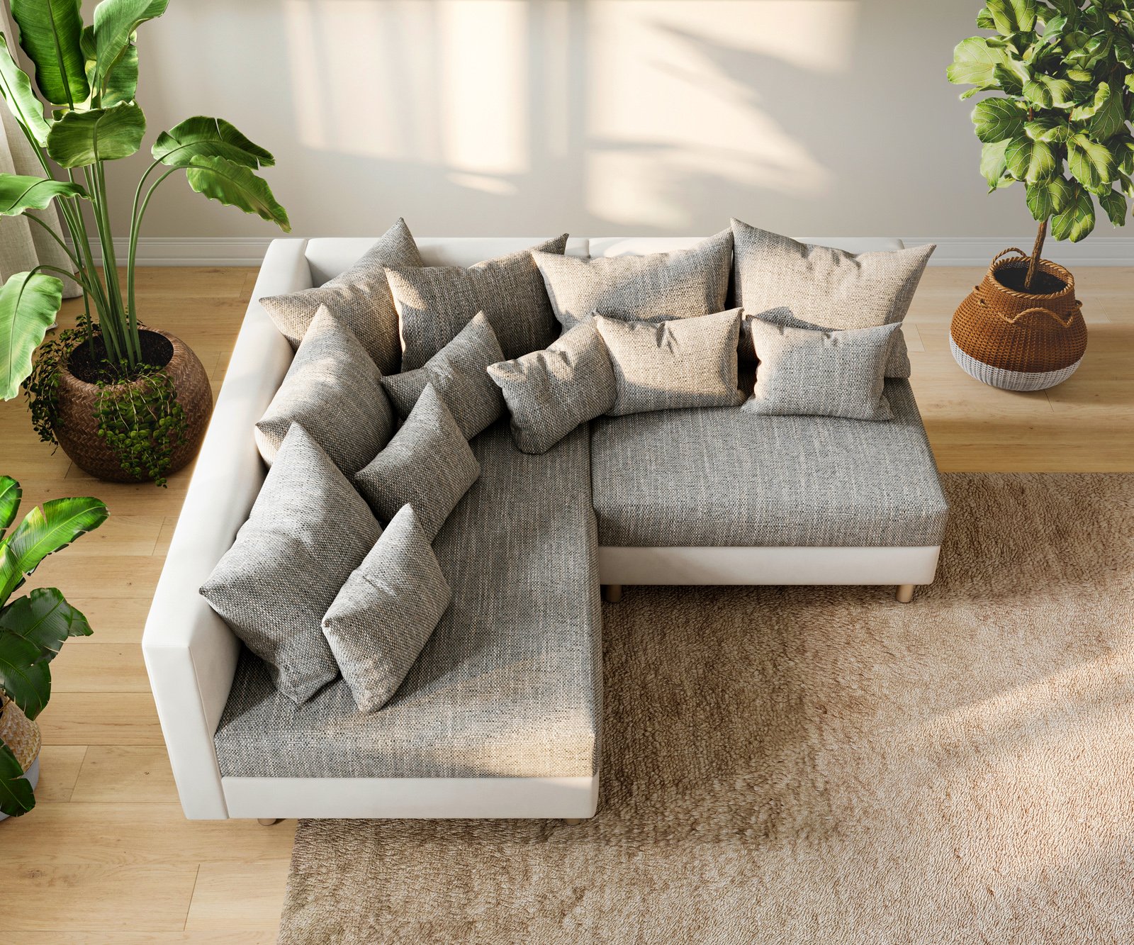 Rohová pohovka Clovis biela svetlosivá ležadlo ľavá modulárna pohovka - Image 4