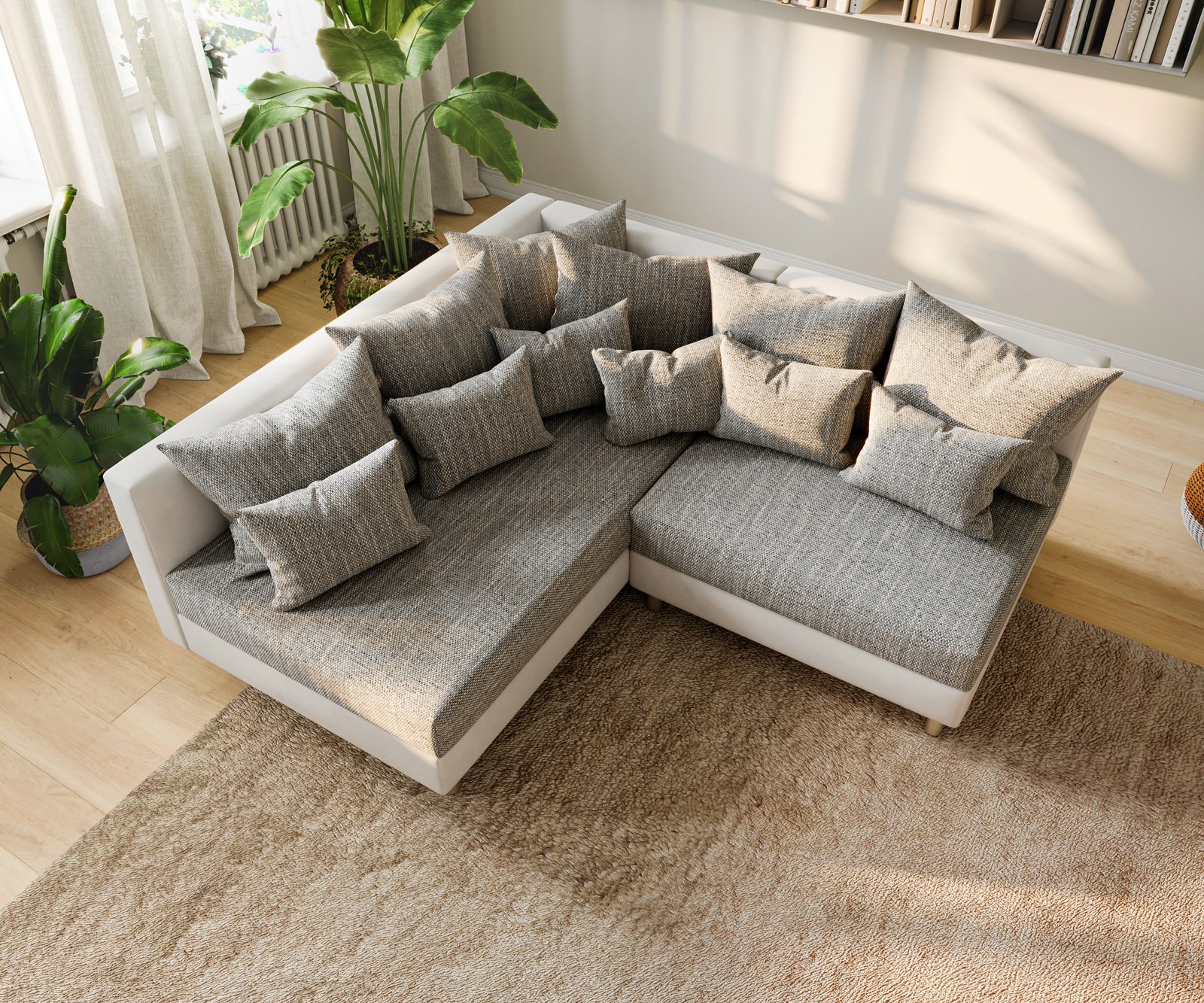 Rohová pohovka Clovis biela svetlosivá ležadlo ľavá modulárna pohovka - Image 5