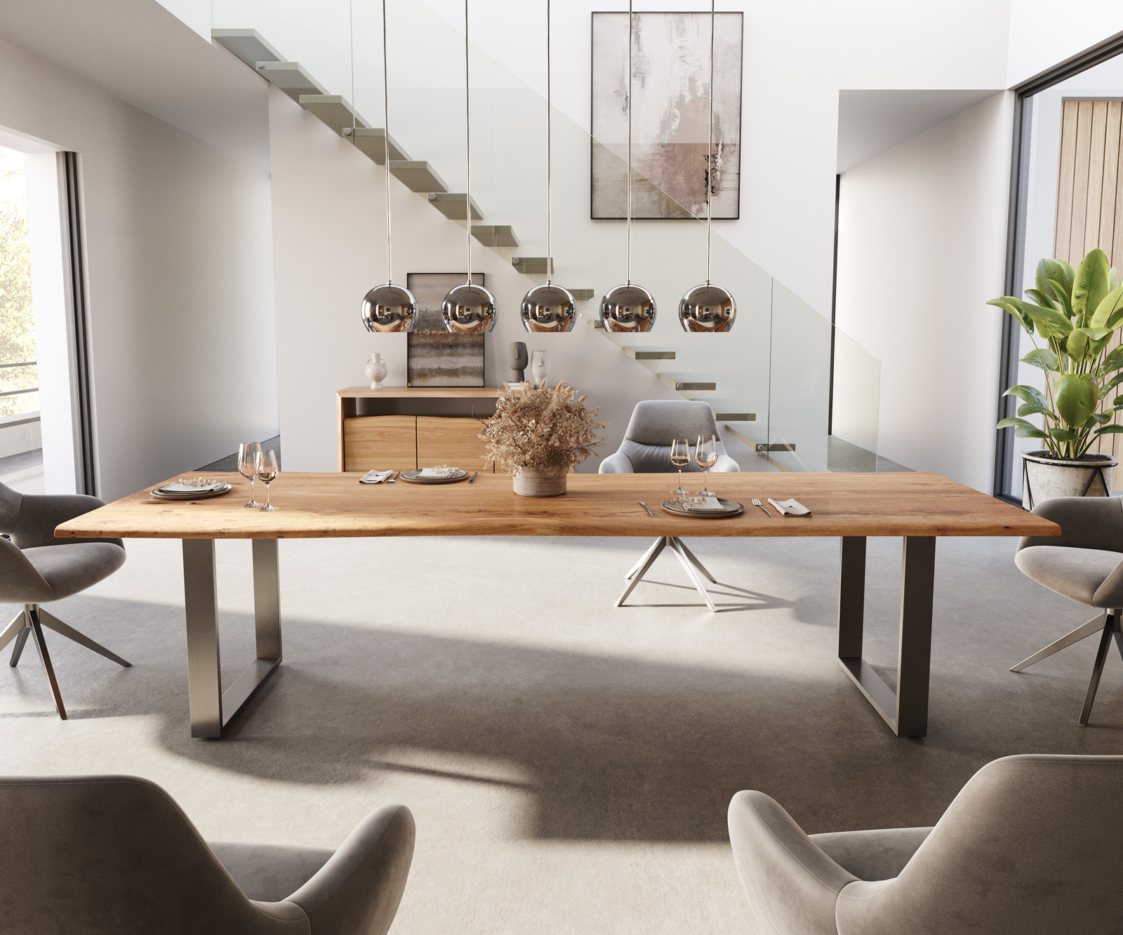 Jedálenský stôl Edge 300x100 akácia prírodná nerezová oceľ úzky Live-Edge - Image 2